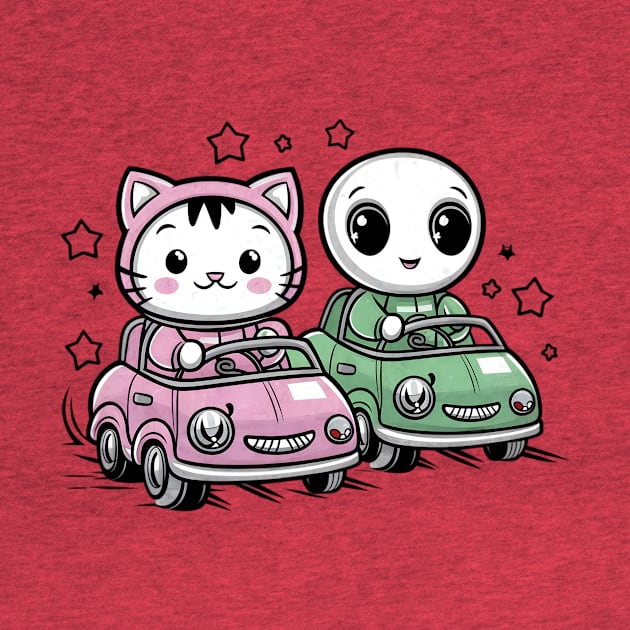 Cute kitty cat and alien in crazy cars by Tee.gram